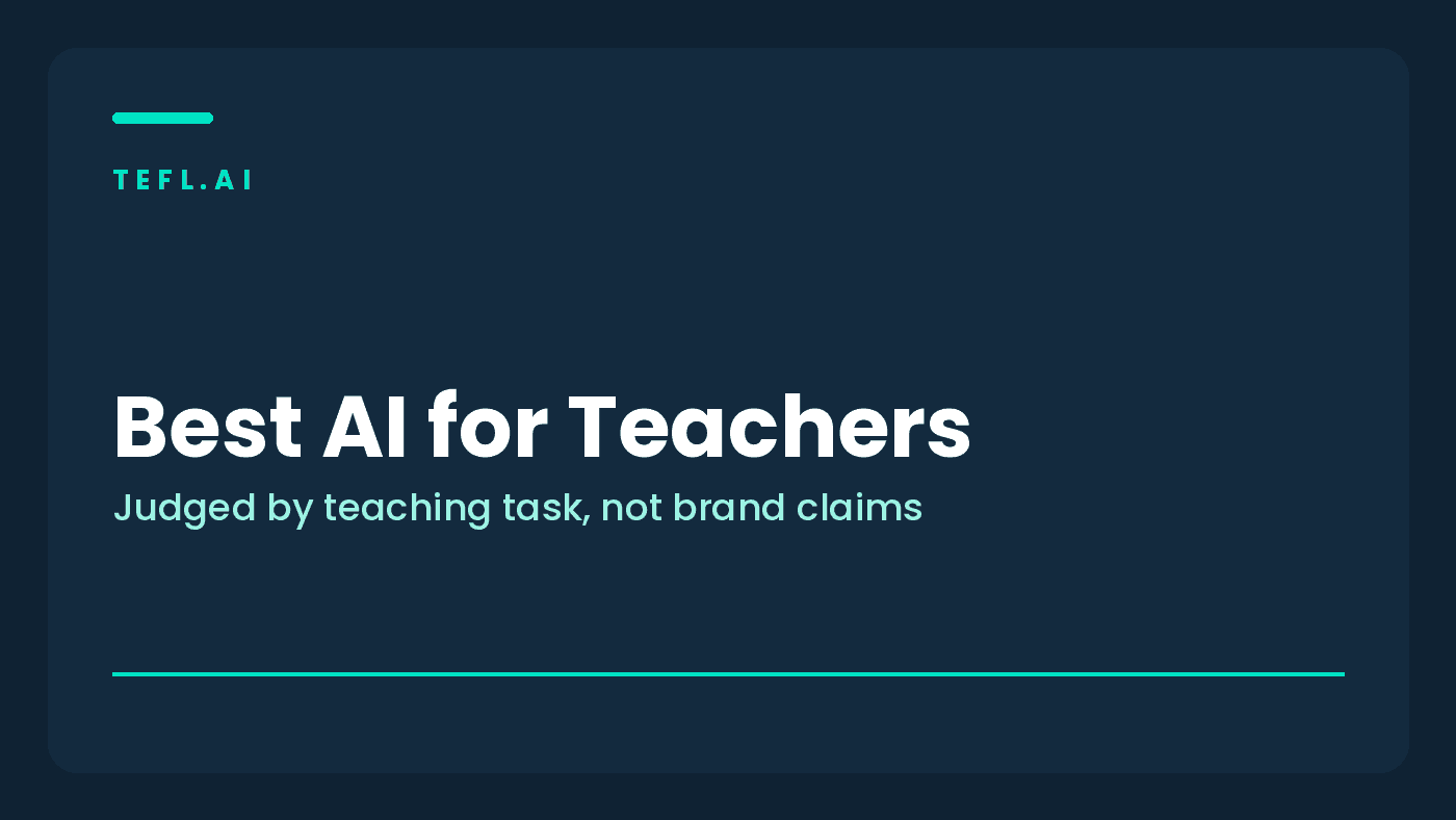 Branded tefl.ai card for the best AI for teachers guide judged by English teaching task