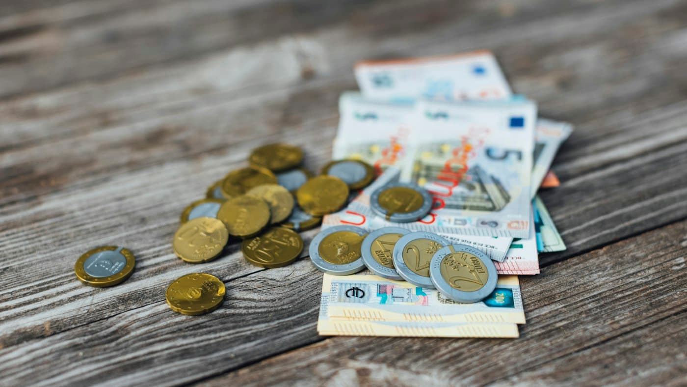 Euro notes and coins on a table representing a low monthly TEFL tool subscription