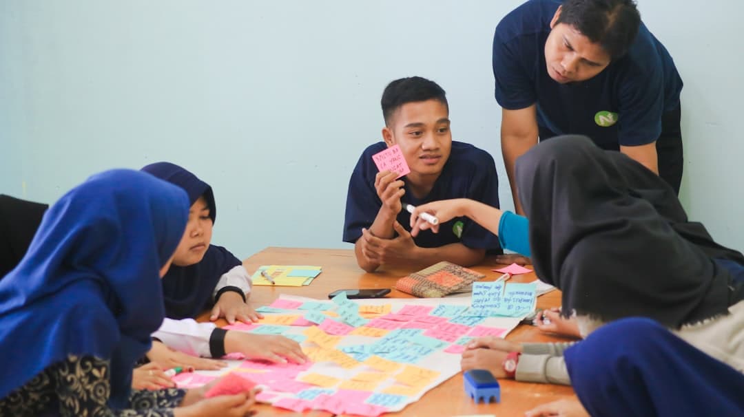 English language learners working out a grammar rule together in a guided discovery task